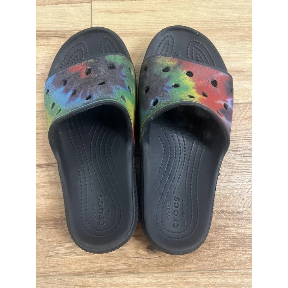Crocs Slide Sandals Men Sz 4 Black Tie‎ Dye Comfort Casual Slip On Summer